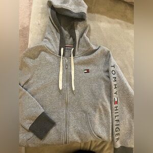 Tommy Hilfiger Light Gray Full-Zip Hoodie with Logo Sleeve